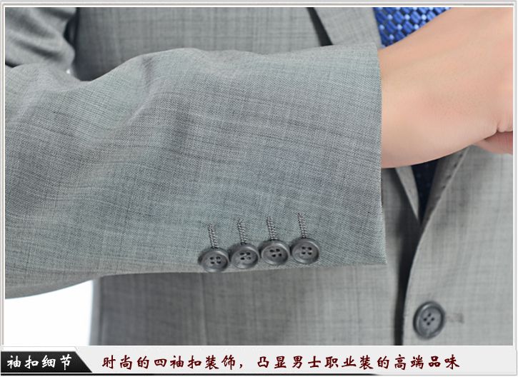 灰色平駁頭一粒扣職業(yè)裝定制-袖口細(xì)節(jié)展示，時尚的西袖扣裝飾